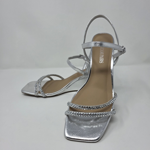 Womens Size 8.5 Silver Rhinestone Square Open Toe Strappy Wedge Sandals Elegant - Picture 2 of 10
